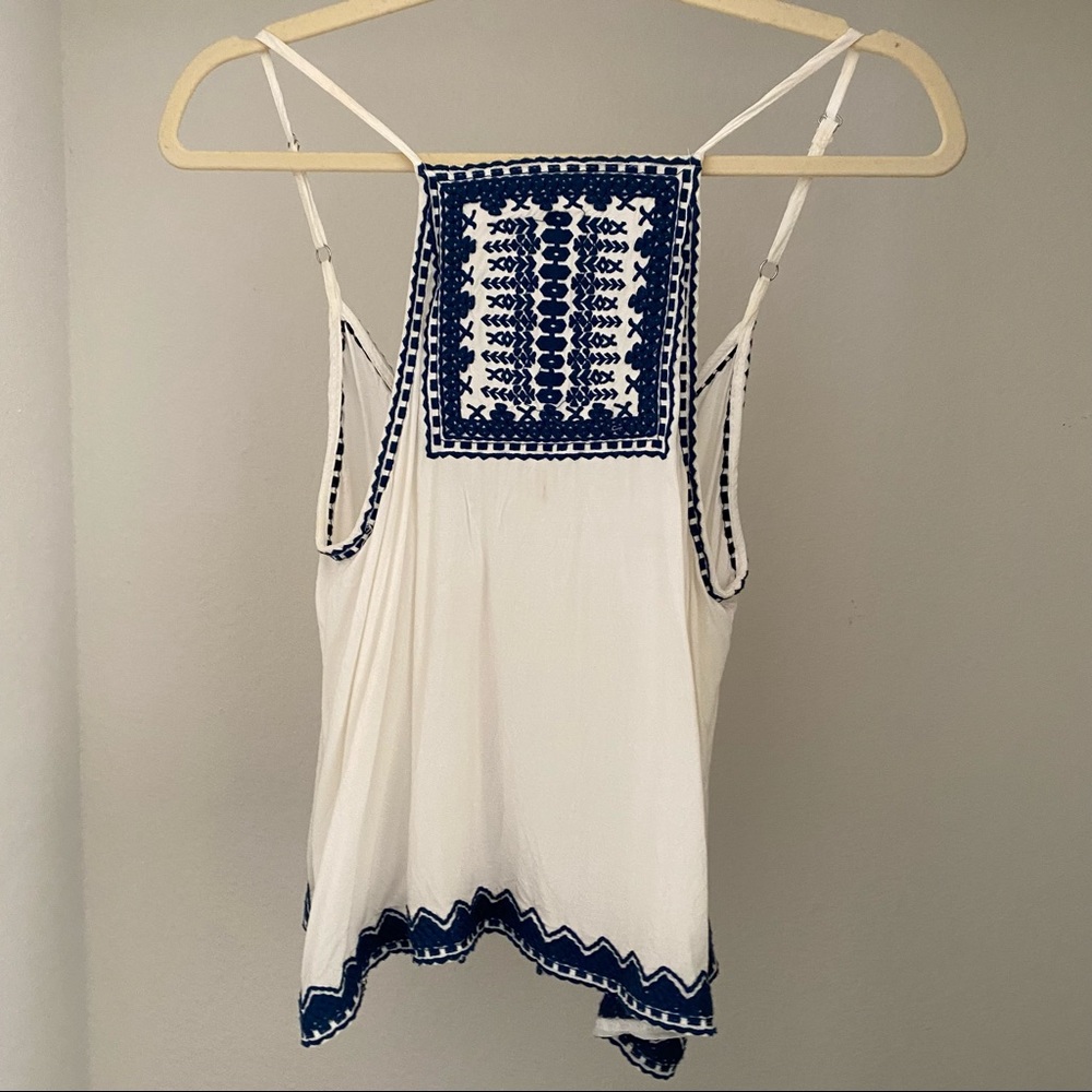 LF White Navy Embroidered Boho Tank Top | S